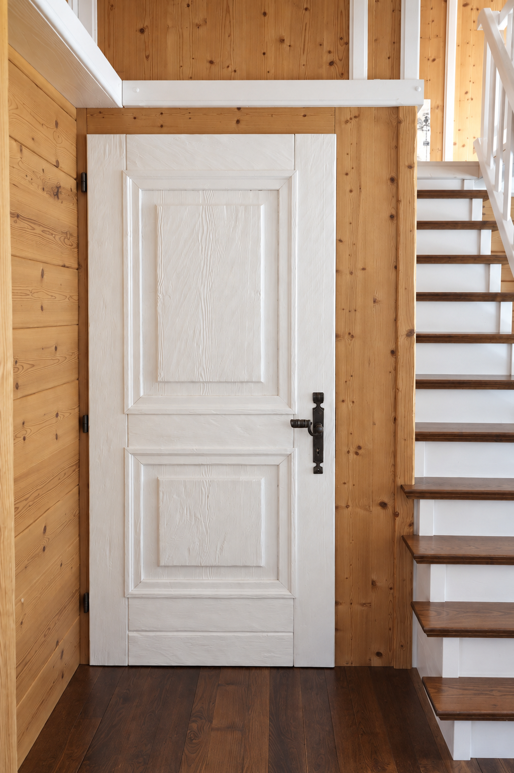 Weiße Holztür neben Treppe