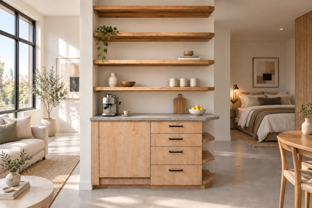 Kochnische aus Holz mit offenen Regalböden