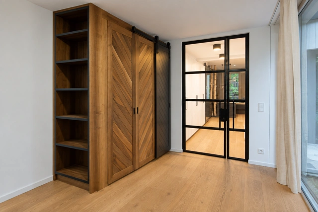 Holzschrank mit Schiebetüren und seitlichem Regal