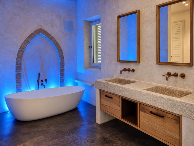 Badezimmer mit Holzwaschtisch