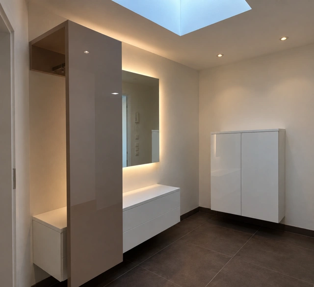 Garderobe mit Sitzbank und beleuchtetem Spiegel