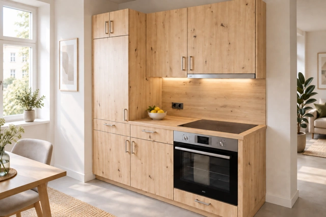 Kompakte Fichtenküche mit Hochschrank