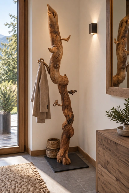 Garderobe aus einem Naturholzstamm