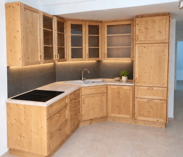 Eckküche aus Holz mit verglasten Oberschränken