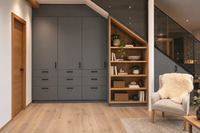 Grauer Einbauschrank mit offenem Holzregal