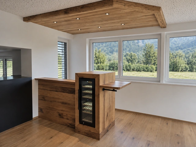 Kücheninsel mit Holzfront und Weinkühler