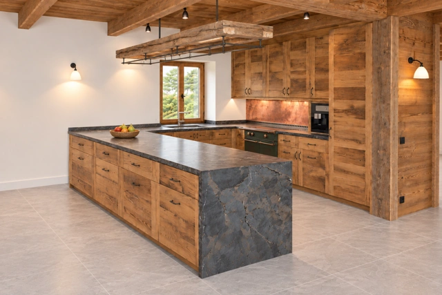 Holzküche mit großer Kochinsel