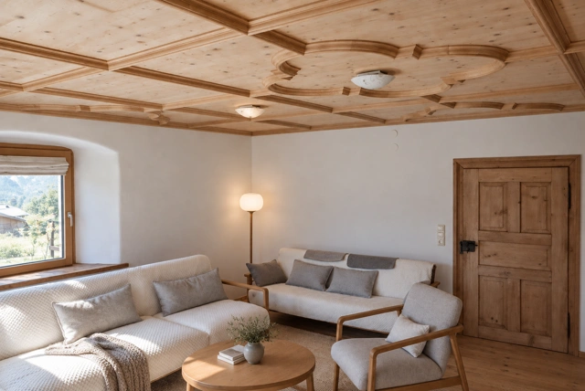 Wohnraum mit Holztür und gestalteter Holzdecke