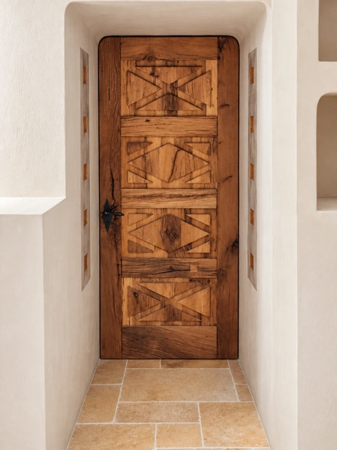 Holztür mit geometrischen Ornamenten