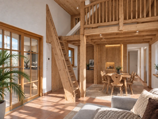 Holztreppe mit Geländer und Galerie