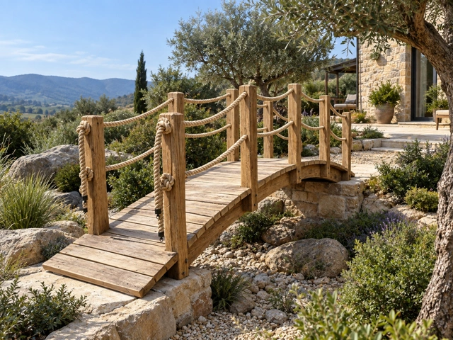 Gartenbrücke aus Holz mit Seilgeländer