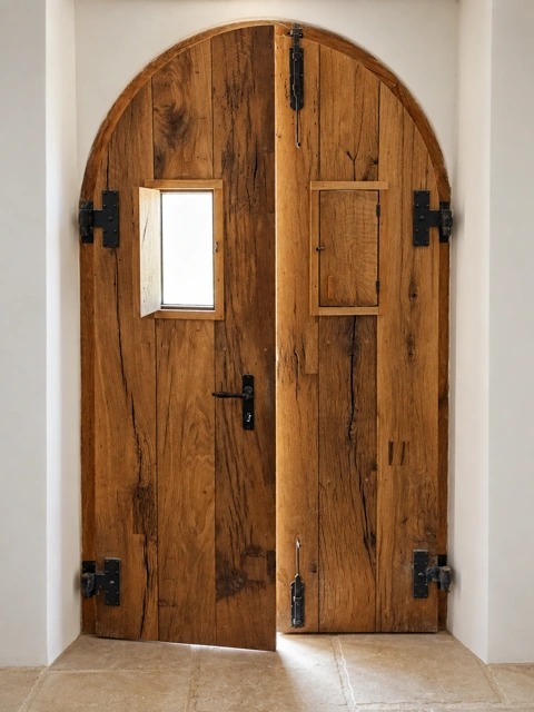 Rundbogen-Doppeltür aus Holz mit Fenster