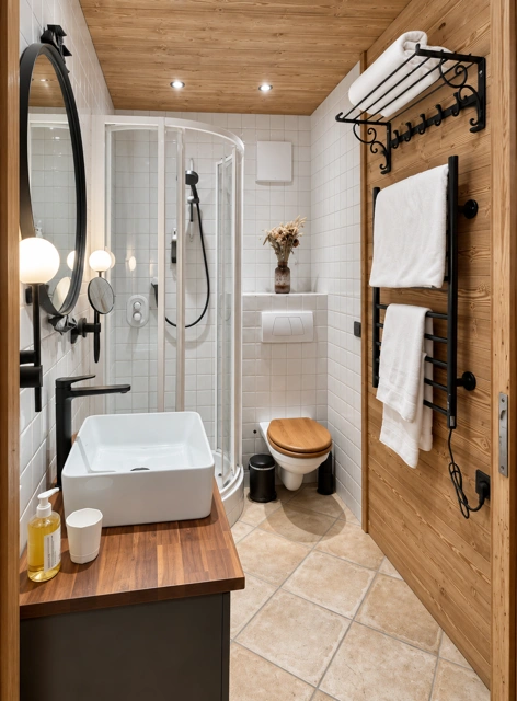 Badezimmer mit Holzwaschtisch und Wandverkleidung