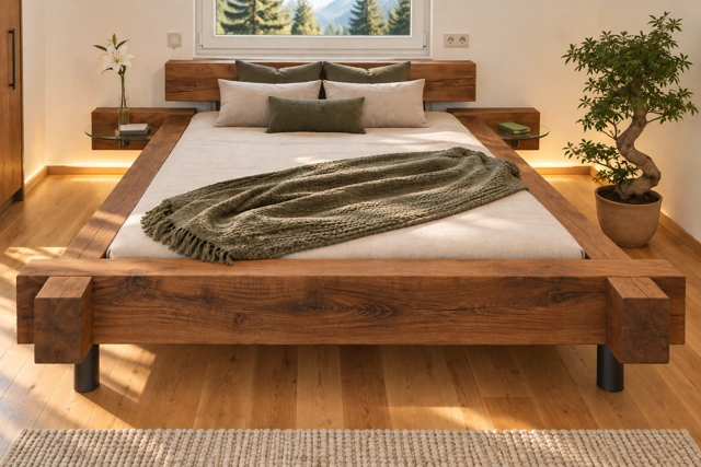 Holzbett mit markanten Balken und Kopfteil